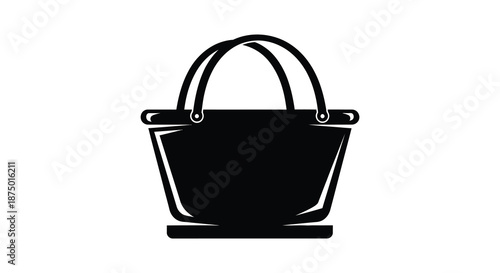 A simple illustration of a black shopping basket design with a handle a striking silhouette