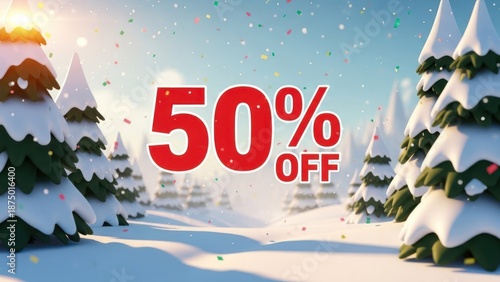 Festive winter scene with snowy trees, confetti, and prominent 