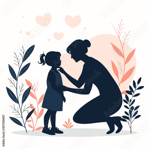 A mother tenderly kisses her daughter's forehead surrounded by lush foliage