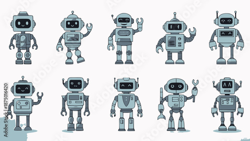 A collection of robots in various poses and actions displayed on a clean white background, showcasing technology and machinery.