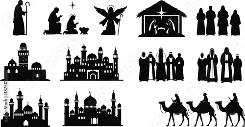 Vector collection of religious silhouettes, nativity scene, mosque architecture, three wise men on camels, islamic culture, christmas set, isolated icons