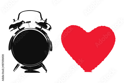 black alarm clock and red heart on white background