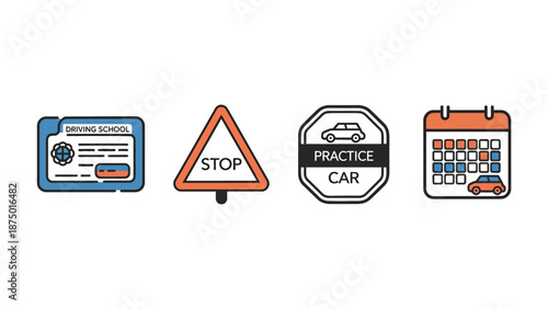 A graphic illustration of driving school icons on a white background