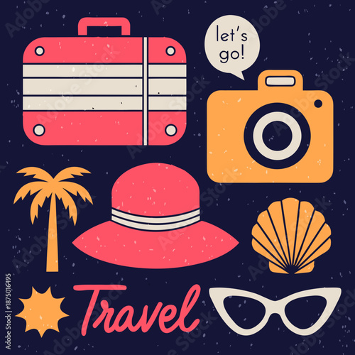 Travel essentials laid out on a dark background with accessories and a call to adventure