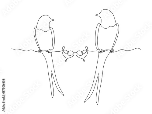 Two loving swallows and hearts, Valentine's day, love. continuous single one line art hand drawing sketch logo on white background