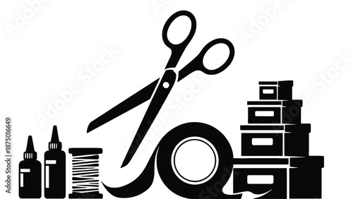 A black and white illustration of crafting tools and supplies