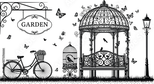 Vintage garden landscape silhouette, ornate gazebo, bicycle with flowers, birdcage, street lamp, butterflies, black nature design, vector illustration set