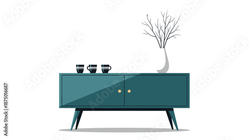 Stylish mid-century modern sideboard in teal with a vase of branches and coffee cups, isolated on a white background.