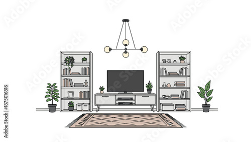 Line art illustration of a modern living room interior with a TV stand, bookshelves, plants, and a stylish rug.