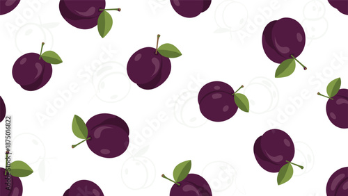 Simple and clean seamless pattern of purple plums with green leaves, some with outlines, on a fresh white background.