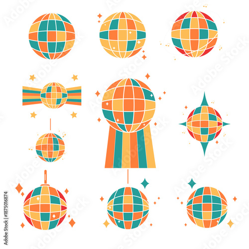 Set Retro Disco Ball with Sparkles Illustration