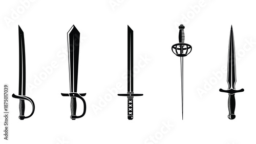 A collection of medieval swords and blades in black silhouette