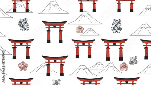 Seamless pattern of Japanese cultural symbols including Mount Fuji, red torii gates, and traditional knots on white.