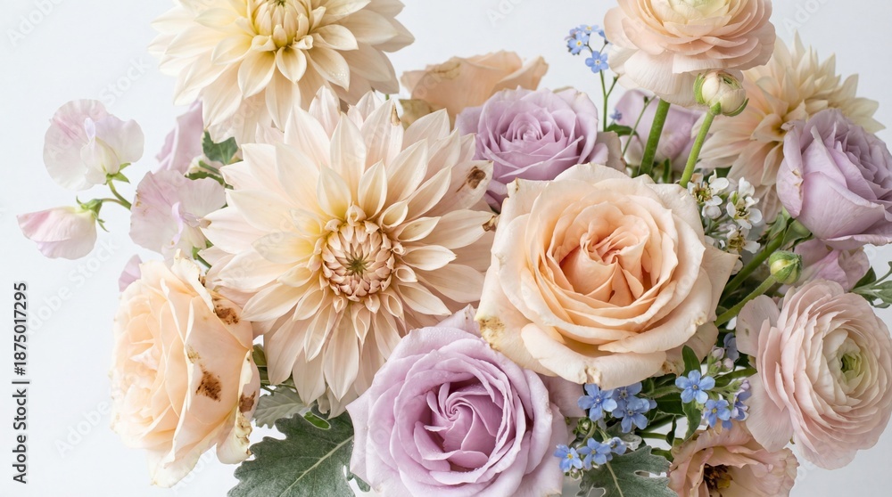 Obraz premium A beautiful pastel bouquet featuring dahlias, roses, and other delicate flowers in soft peach, cream, and lavender hues.