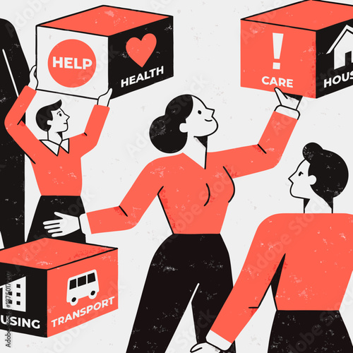 Illustration of three women exchanging boxes with symbols for health, care, housing, and transport