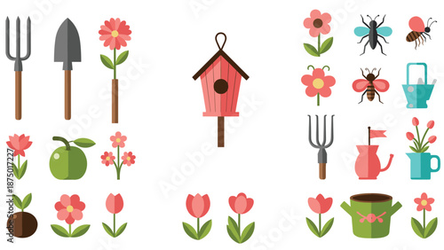 Flat design collection of cute gardening icons including tools, flowers, insects, and a birdhouse on a white background.