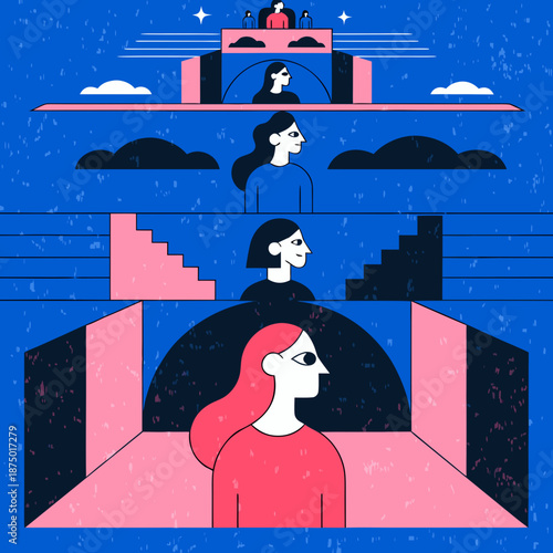 Woman with long red hair stands in a pink room, contemplating three silhouetted figures on different levels above her.