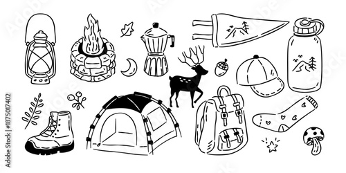 Hand drawn camping line art icons set with tent, lantern, campfire, backpack, deer and outdoor nature elements.