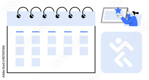 Time management, scheduling, productivity tools, event planning, task completion, efficiency. A calendar, user analyzing events and task symbol. Time management and scheduling context