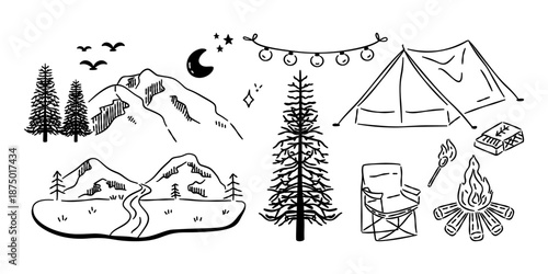 Hand drawn camping line art set with tent, mountains, campfire, pine trees and outdoor adventure elements.