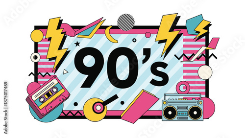 Retro 90s style banner with geometric shapes, a boombox, a cassette tape, and bold typography on a white background.