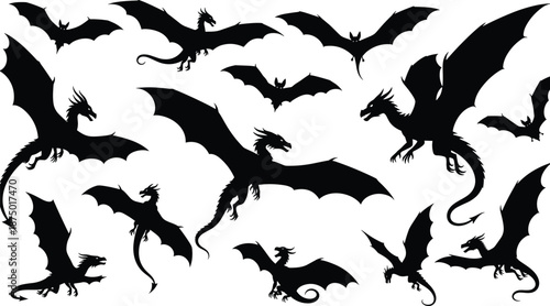 Collection of flying dragon and bat silhouettes, black mythical fantasy creatures with wings, isolated vector shapes for halloween design background