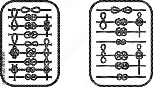 Rope knot collection in decorative frames, nautical themed elements, boat and marine