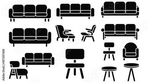 A collection of black silhouettes of various sofas and chairs
