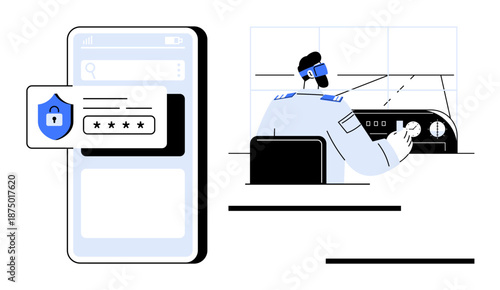 Mobile interface with password security beside operator in control room. Ideal for cybersecurity, technology, data safety, internet privacy, password management, online protection, simple flat