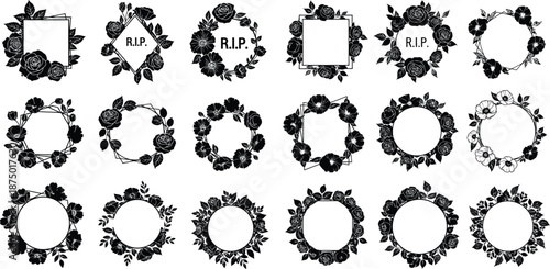 Rose and Poppy Floral Frames Silhouettes with Geometric Accents and Wreath Designs, Isolated