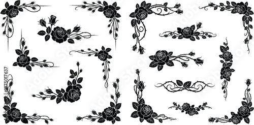 Rose borders and corner designs, floral collection with thorns, ornate frame elements