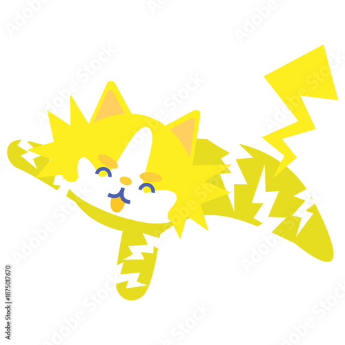 雷のエネルギーをまとった元気なネコのキャラクターイラスト