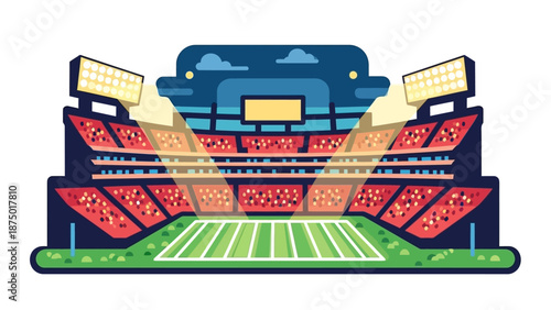 American Football Night Stadium Illustration with Bright Floodlights, Green Field, and Crowded Stands Vector