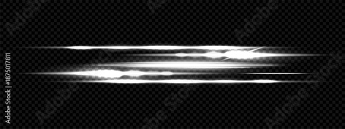 Bright neon beams and white laser light with glow streaks for speed and flare. Black background with light trails for this futuristic design element. Car speed flash, white straight line led effect