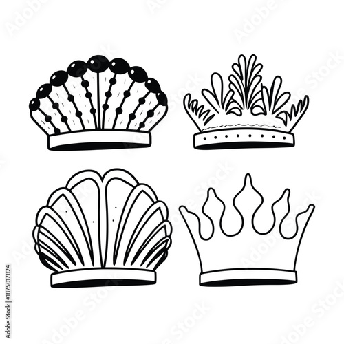 Vintage royal collection featuring a set of heraldic crown vector illustrations with king and queen emblems, retro labels, and design badges for a silhouette banner or ribbon sign