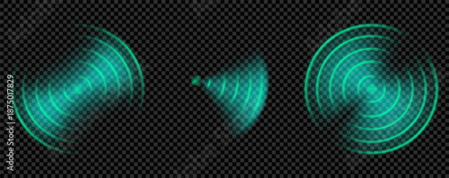 Green wifi wave and sonar sensor light radar. Hud glow for antenna frequency ring scan design. Radius pulse set for smart car with wireless circular spread control. Electronic audio line icon