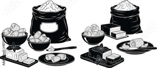 Rustic illustration featuring a flour sack, butter curls, and herb garnish, isolated composition
