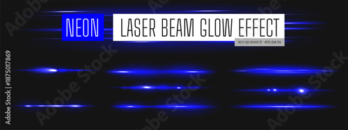Blue laser light with neon beam and bright horizontal line for casino dynamic background. Streak flare with digital shine speed effect in dark space. Abstract vector cosmos luminous ray isolated