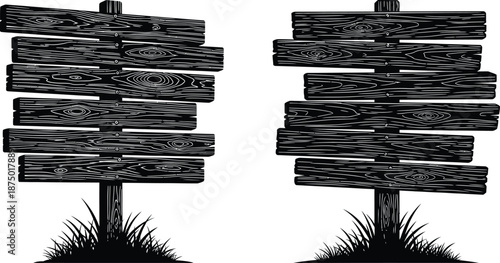 Rustic wooden signpost with grass accents, detailed woodgrain, and rough planks