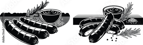 Sausage and mustard sauce illustration, enhanced with rosemary and scattered peppercorns