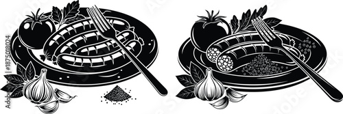 Sausage food plate with garlic and tomato in monochrome drawing