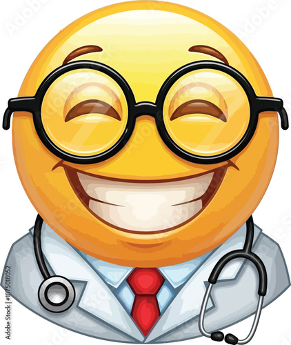 Funny yellow emoji doctor wearing glasses stethoscope white coat and red tie isolated on transparent background