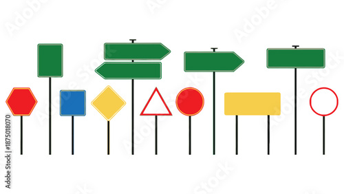 A collection of various colorful road signs on white background