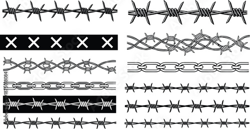 Industrial Barbed Wire and Steel Chain Borders Set for Security Design, Protective Fence Elements, CAD Drawing Flat Vector Illustration Collection.
