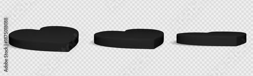 Black heart podium set with 3d platform for valentine day product display. Love shape pedestal stand with realistic shadow isolated on background. Vector mockup for cosmetic showcase design