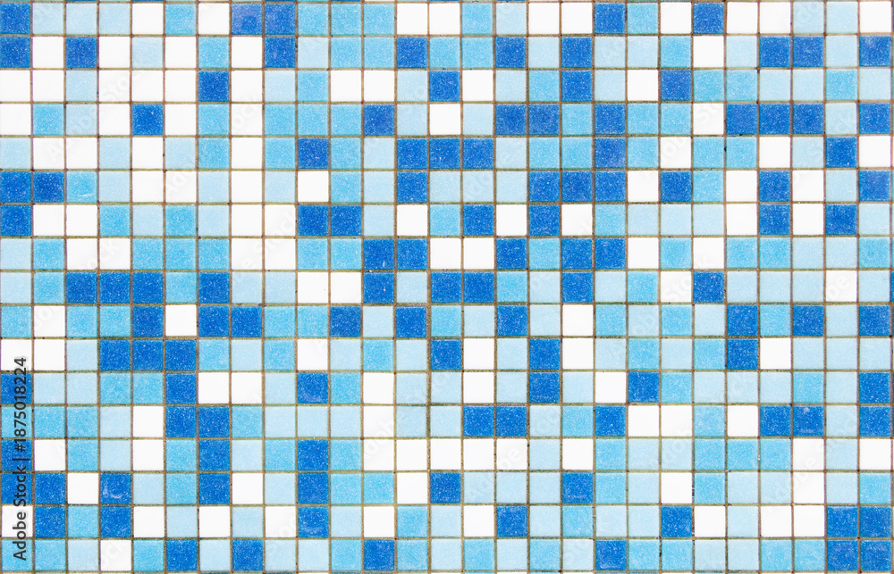 Fototapeta premium Clean seamless kitchen interior light blue ceramic wall textured surface light blue design simple abstract grid texture pool surface soft grain decor decoration white sand paint square pastel shape.