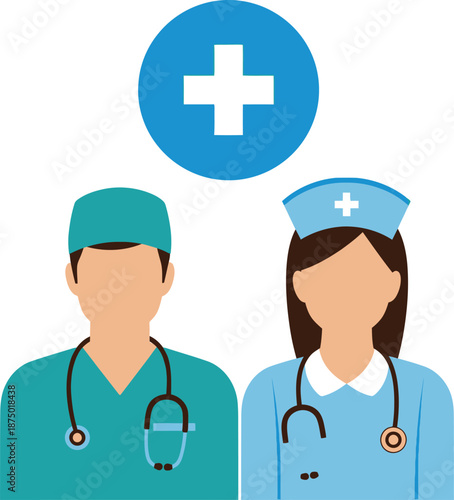 Medical professionals wearing scrubs with stethoscopes standing together isolated on transparent background