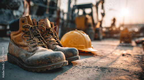 Close-up view of safety shoes on a construction site backdrop.