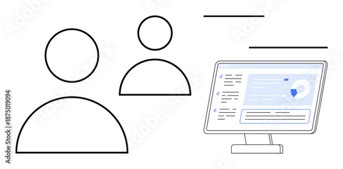 Online collaboration, user profiles, digital communication, interface design, data access, virtual meetings. Two abstract people icons with a computer screen interface elements. Online collaboration