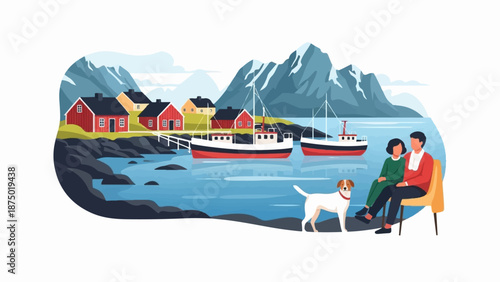 A couple and their dog admire a serene coastal village with boats and mountains in the background